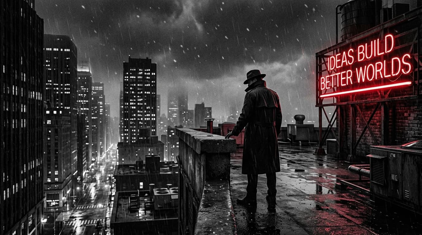 Ayush Raman overlooking the rain-soaked noir metropolis from a wet rooftop